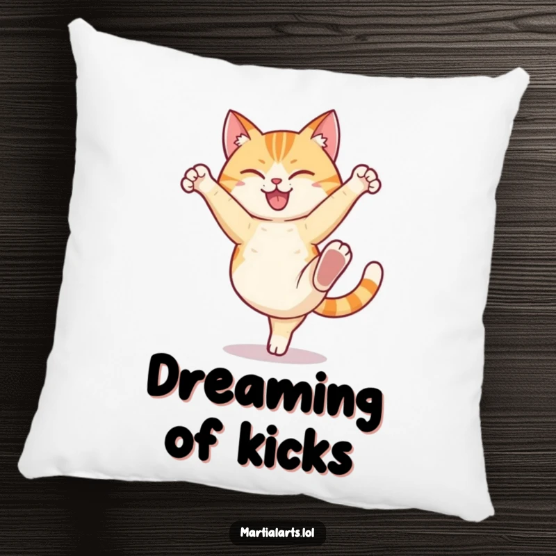 Funny cat pillow featuring a happy cat humorously performing a high kick with a determined expression, perfect for comfort and laughs.