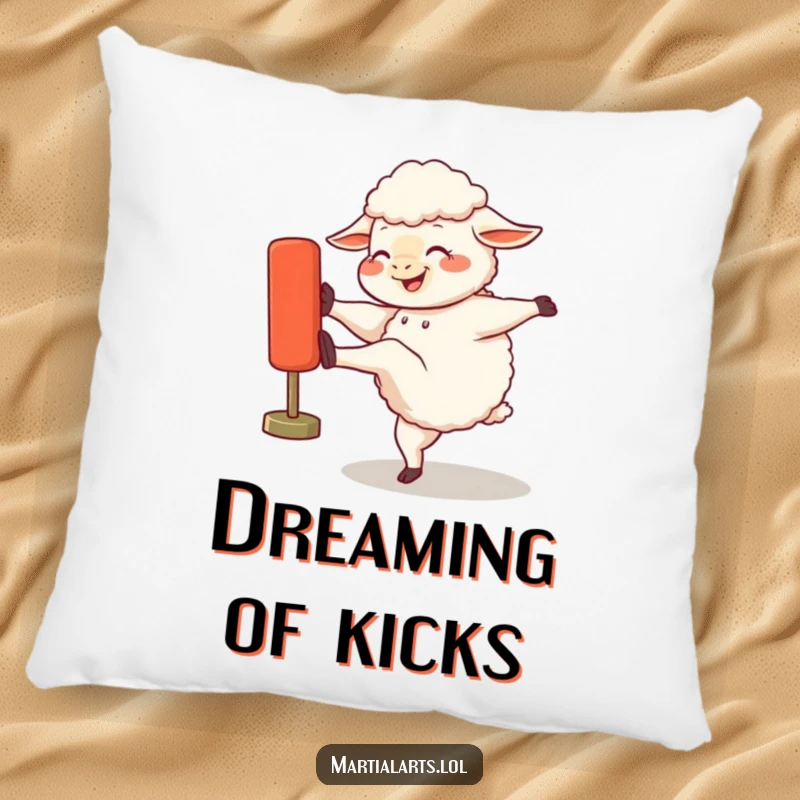 Funny pillow featuring a laughing sheep enthusiastically kicking a training dummy, adding a touch of lighthearted fun.