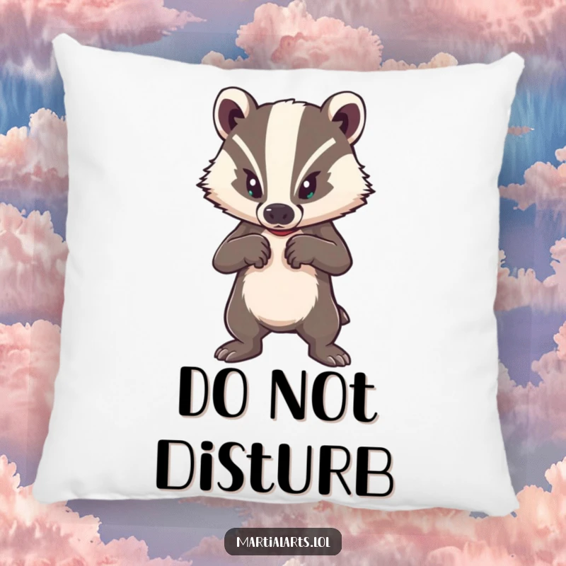 Funny pillow featuring a brave badger in a strong defensive posture, offering humorous comfort and security.