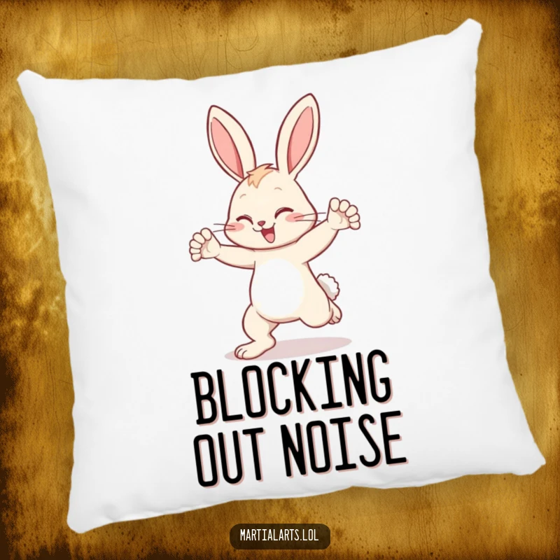 Funny bunny pillow depicting a bunny blocking a kick, offering comfort and a humorous sense of security.