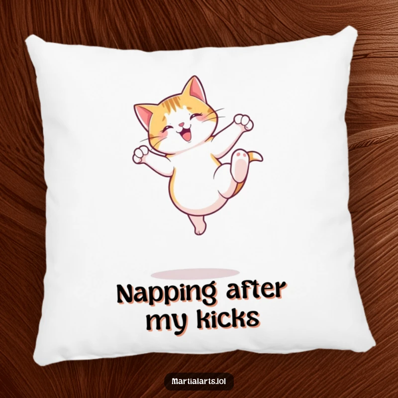 Funny Cat Pillow with a jumping cat executing a playful roundhouse kick, adding cozy and humorous charm.
