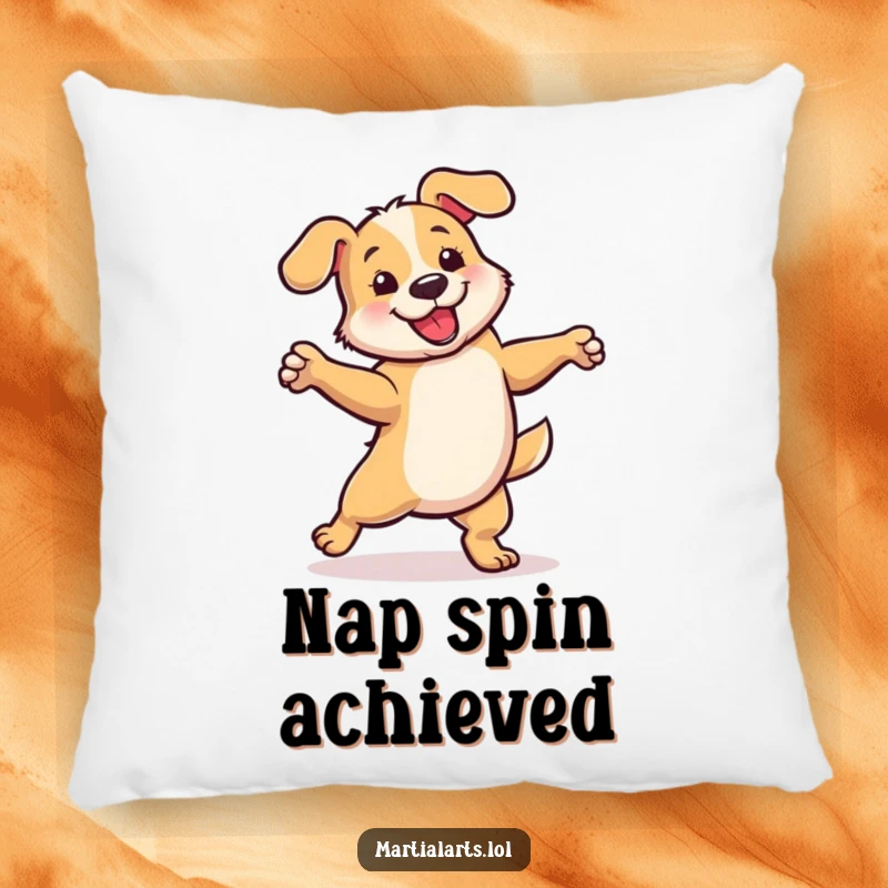 Funny pillow featuring a dog in a playful, energetic spin, offering humorous comfort and décor.