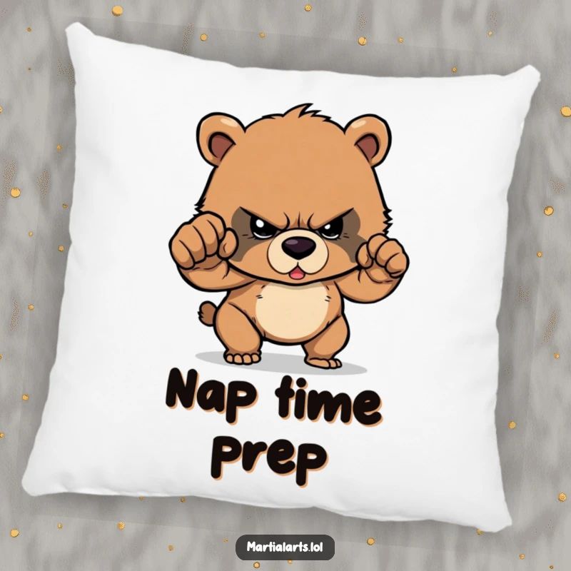 Funny Pillow: A small, determined bear cub is shown with intense focus, poised to deliver a punch.