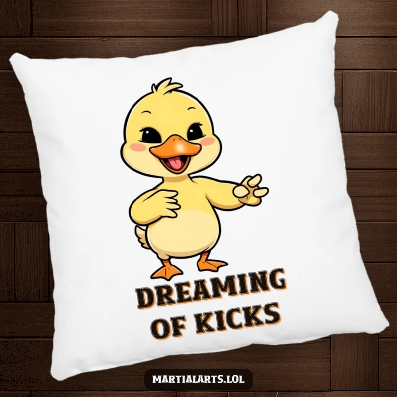 Funny giggling duck mimicking a martial arts move with its beak, making this a playful pillow accent.