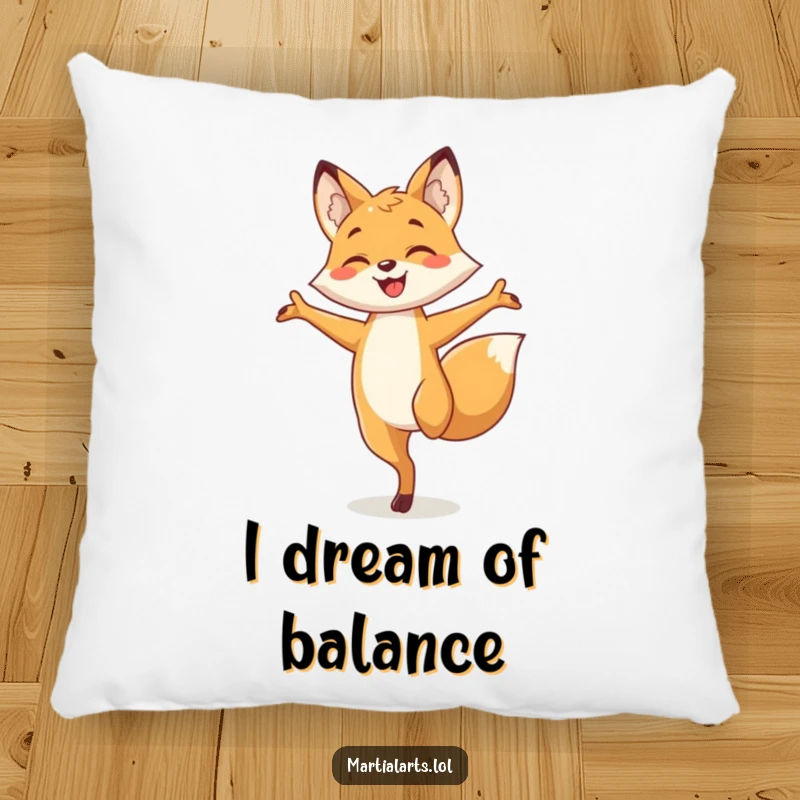 Funny fox pillow featuring a smiling fox balancing on one leg with arms outstretched, adding a touch of quirky comfort and humor.