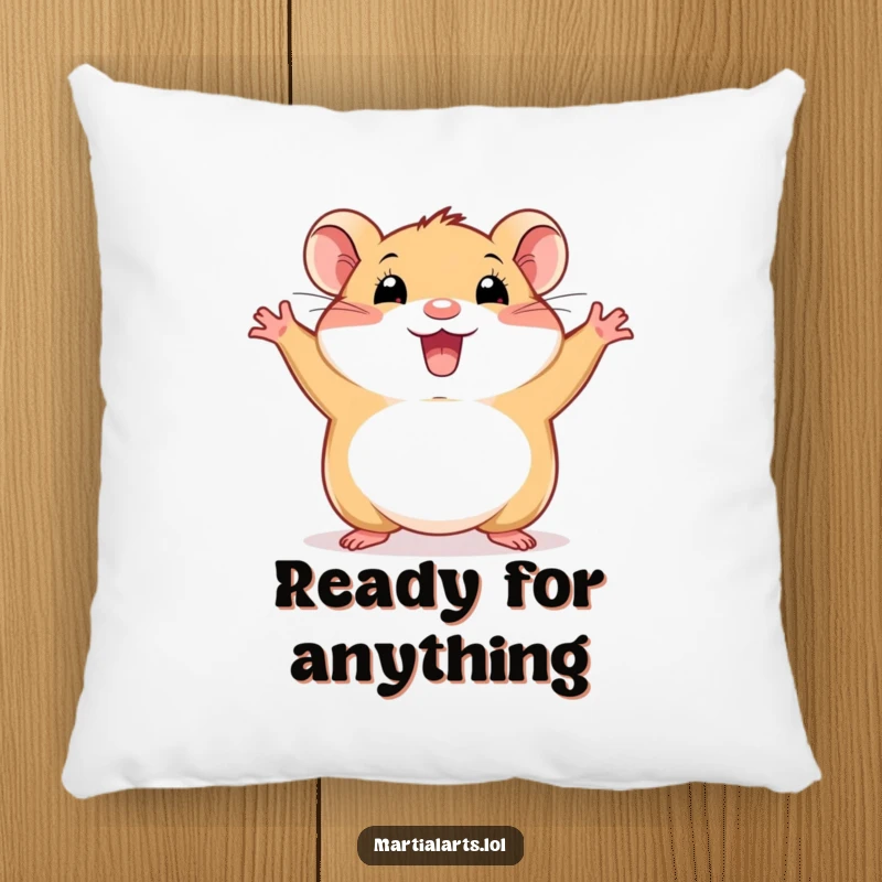 Funny hamster pillow showing a happy creature in a wide, energetic stance, providing soft comfort and cheerful vibes.