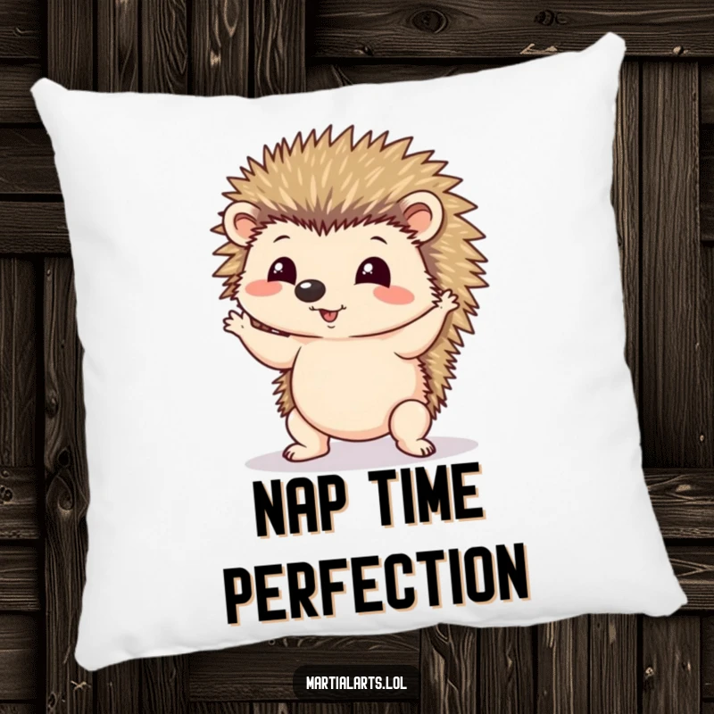 Funny pillow showcasing a hedgehog hilariously attempting a shaky, unstable yoga pose, perfect for soft laughs.