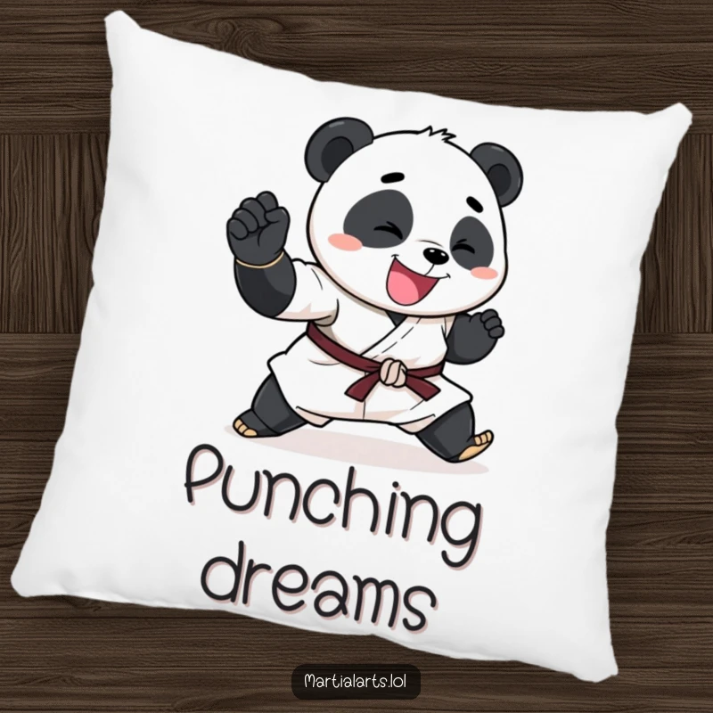Funny Panda Pillow with a happy panda performing an exaggerated karate chop, offering comfort and humor.