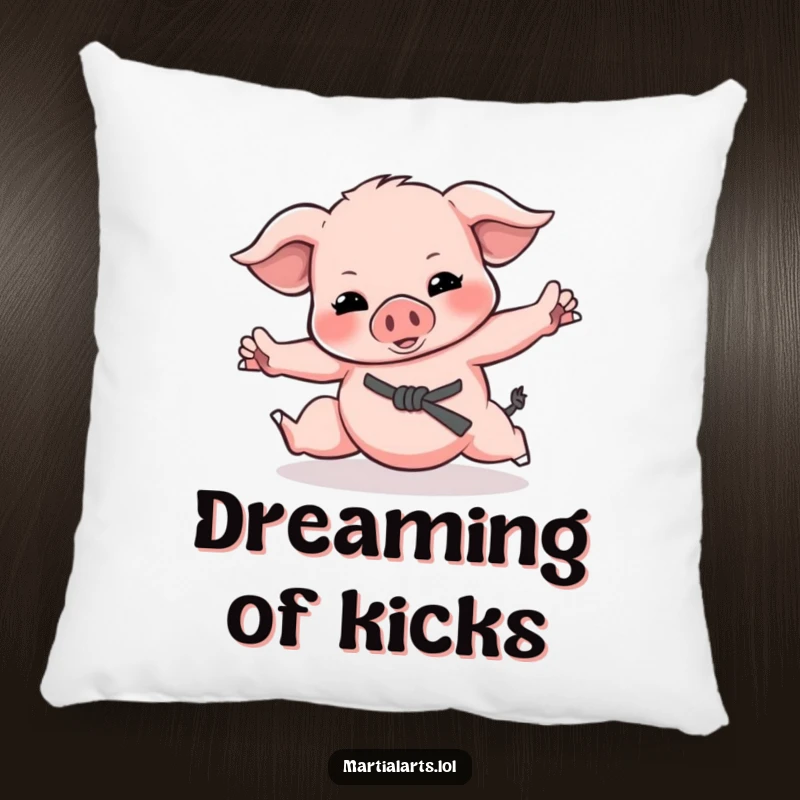 Funny Piglet Martial Arts Pillow featuring a playful piglet practicing moves, perfect for cozying up with, adding humor.