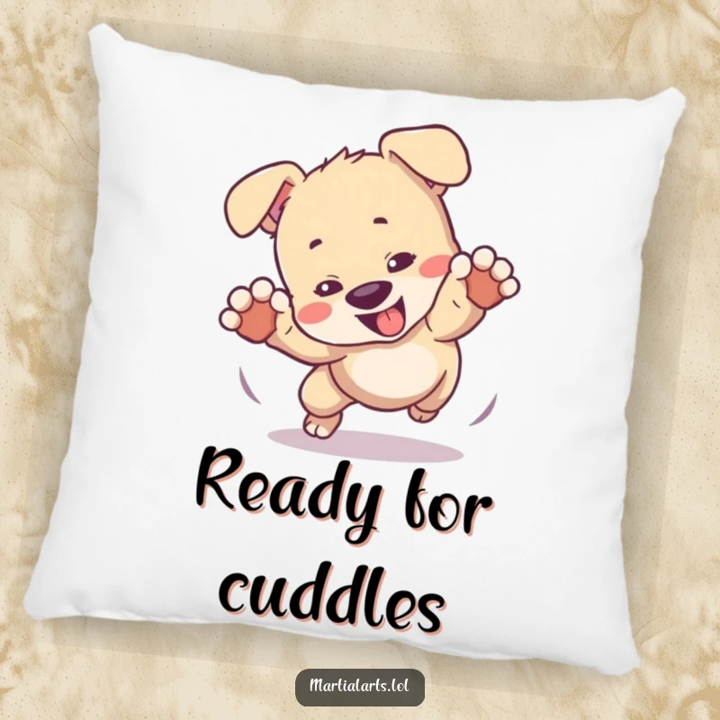 Funny pillow featuring a playful puppy tumbling in a mock fight, soft and perfect for adding cute, humorous decor.