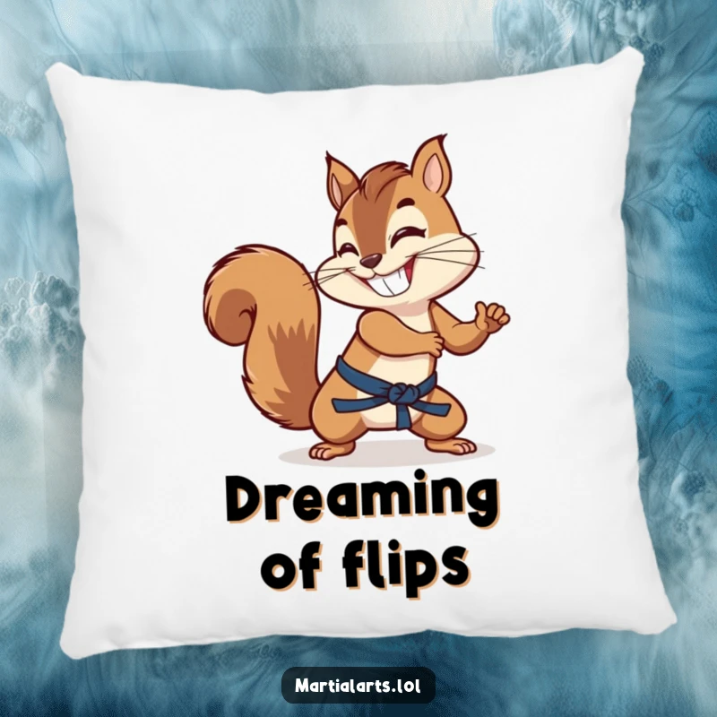 Funny grinning squirrel wielding its tail as a martial arts weapon, making this pillow a playful accent.