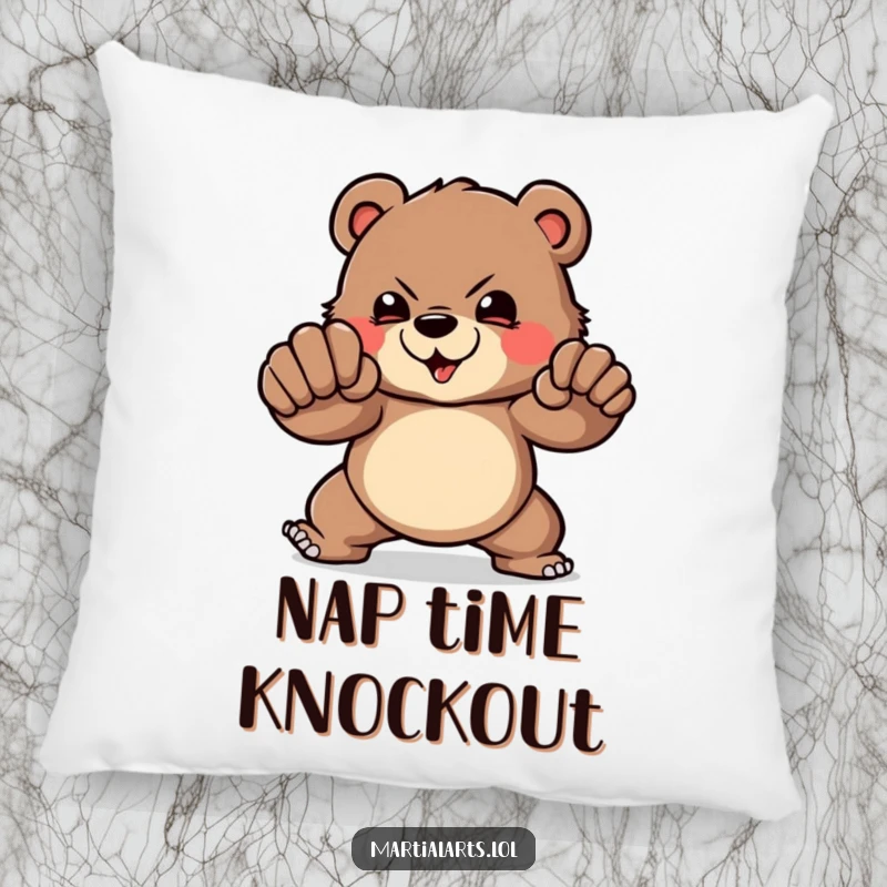 Funny Pillow: A brave bear demonstrating a powerful punch, offering cuddly comfort and a humorous, strong aesthetic.