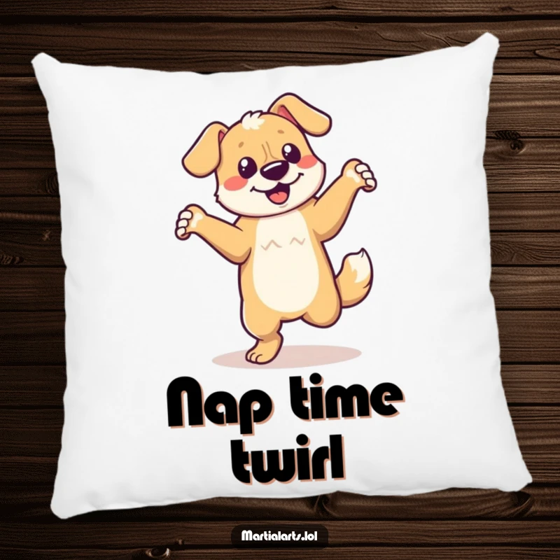 Funny dancing dog pillow showing a dog in a delightful, energetic spin, perfect for cozy moments.