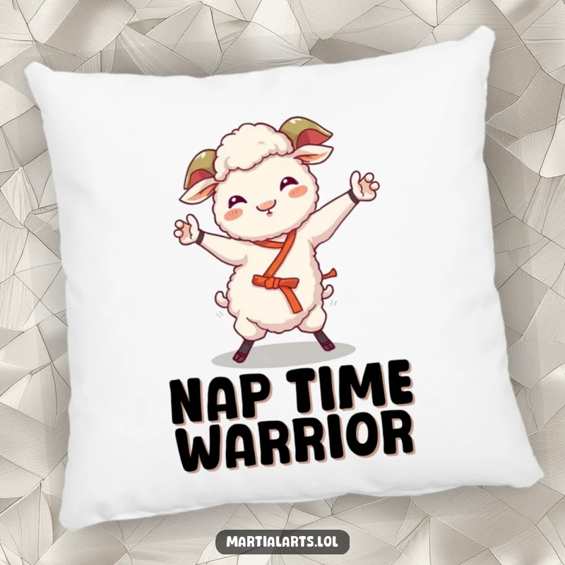 Funny sheep pillow featuring a giggling sheep in a wobbly martial arts pose, soft and humorous.