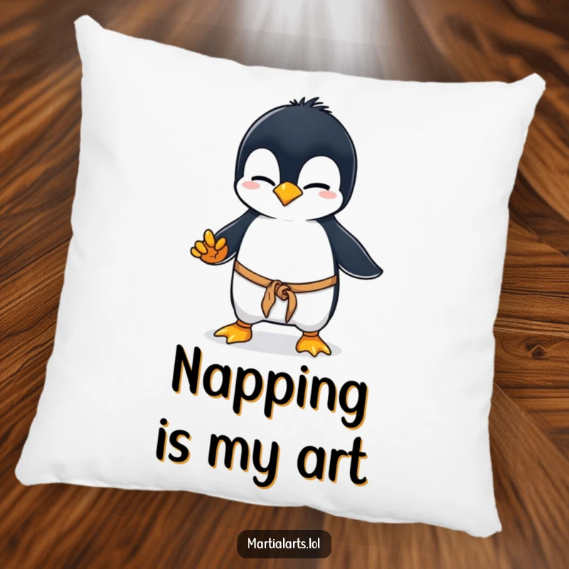 Funny penguin karate pillow, a curious penguin wobbling in a clumsy martial arts stance, soft and cuddly, bringing adorable penguin humor to your home.