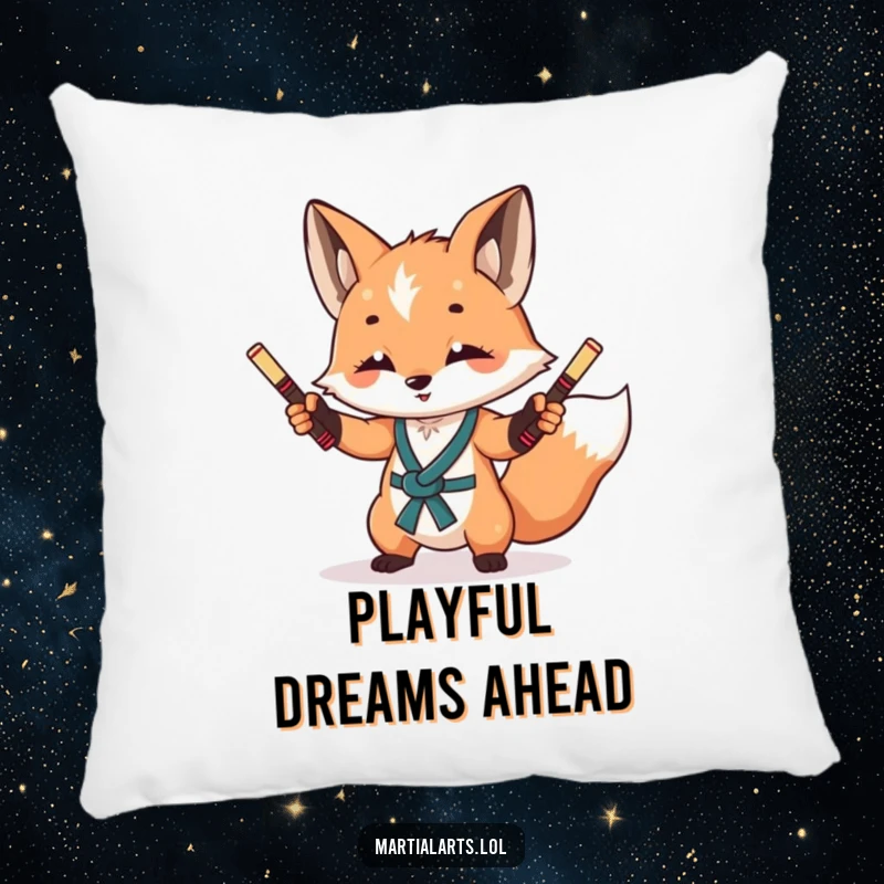 Funny Fox Nunchuck Pillow: A curious fox juggling miniature nunchucks, perfect for adding comfort and humor.