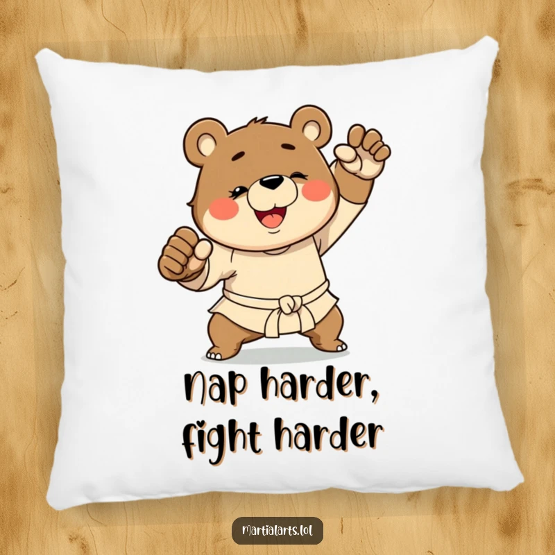 Funny Bear Martial Arts Pillow: A smiling bear in a martial arts pose, offering plush comfort and a humorous touch to any room.