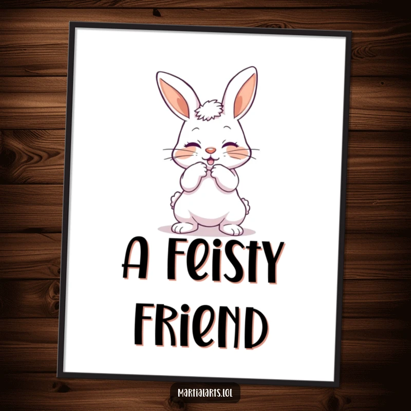 Funny digital art print of a playful bunny bowing with a mock strike, ideal for humorous wall decor.