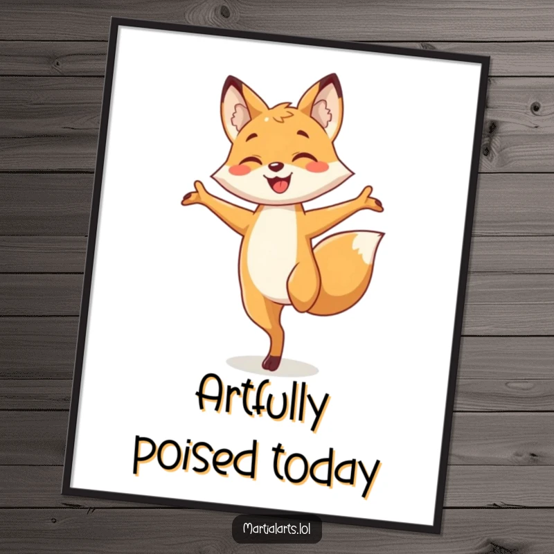 Funny fox digital art print of a smiling fox balancing on one leg with arms wide, capturing a moment of delightful, humorous poise.