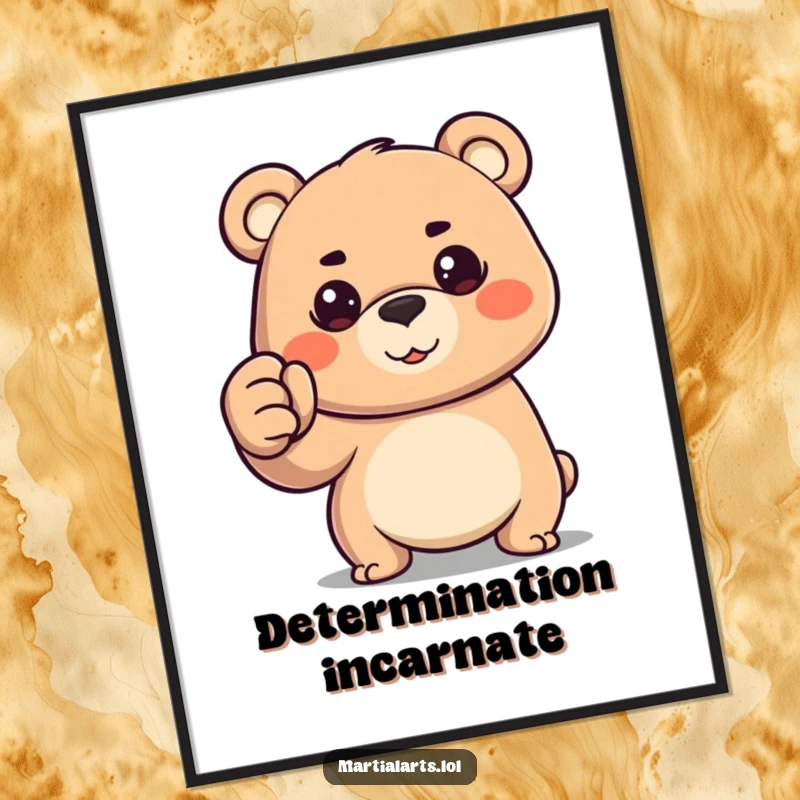Funny happy bear forming a powerful fist with a determined gaze, available as a digital art print.
