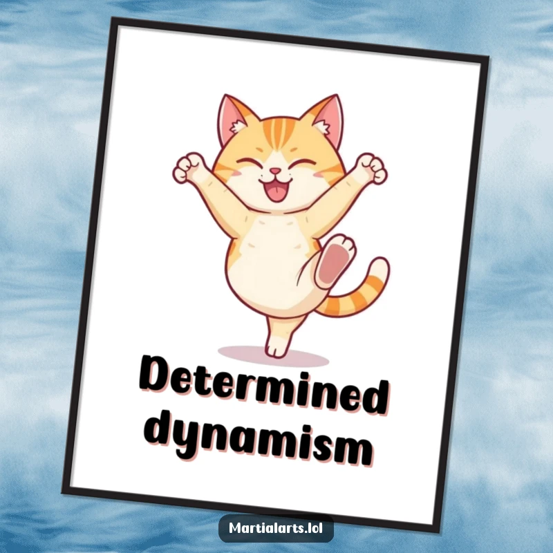 Funny cat digital art print showing a happy cat humorously performing a high kick with a determined expression, for instant wall decor.