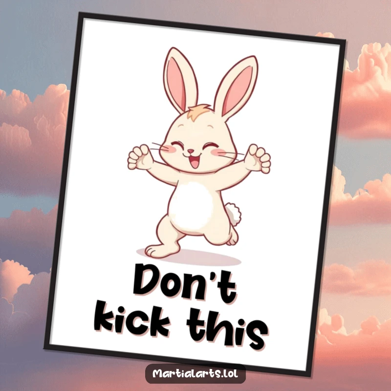 Funny bunny digital art print of a happy bunny swiftly blocking an unseen kick, showcasing its protective nature.