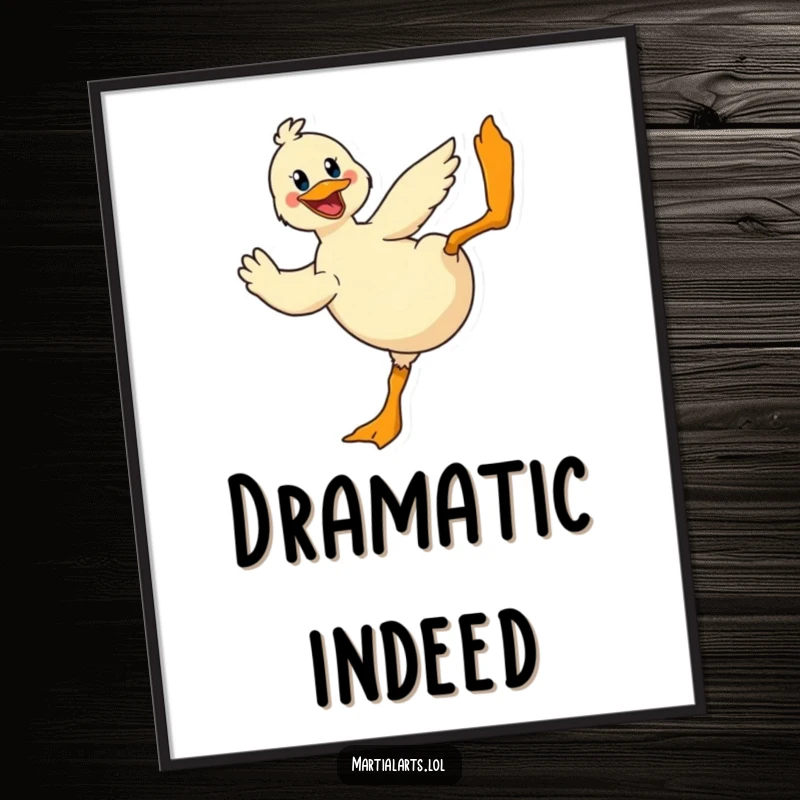 Funny Duck Digital Print: A cheerful duck performing a dramatic flying kick, offering instant humorous action.
