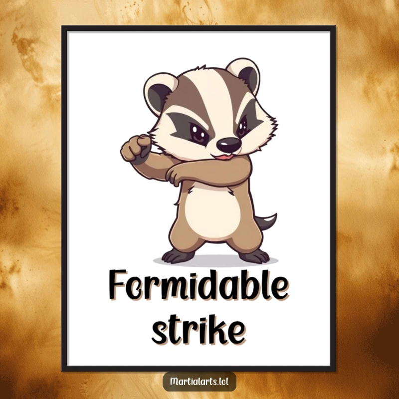 Funny badger elbow strike digital art print of a determined animal delivering a powerful strike, ideal for motivational decor.