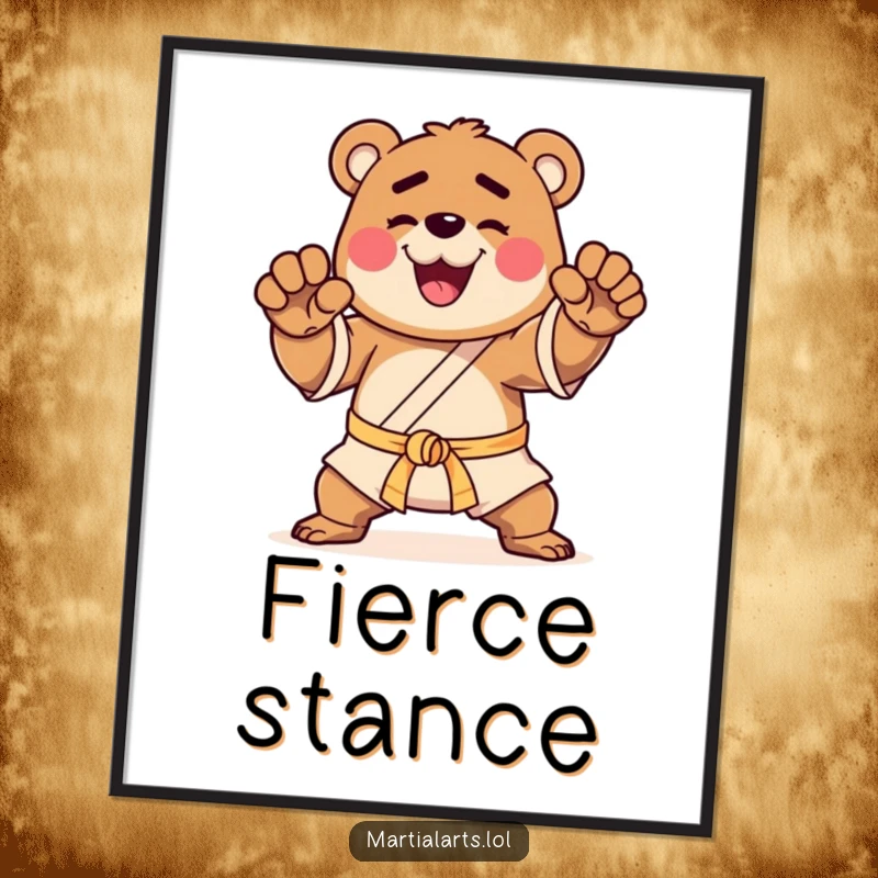 Funny digital art print of a happy bear striking a martial arts pose, ideal for motivational, humorous home decor.