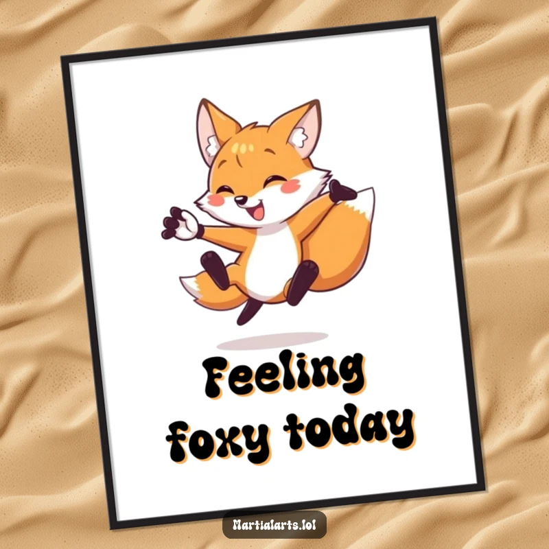 Funny fox digital art print of a fox in mid-air, performing a powerful flying side kick with energetic flair.