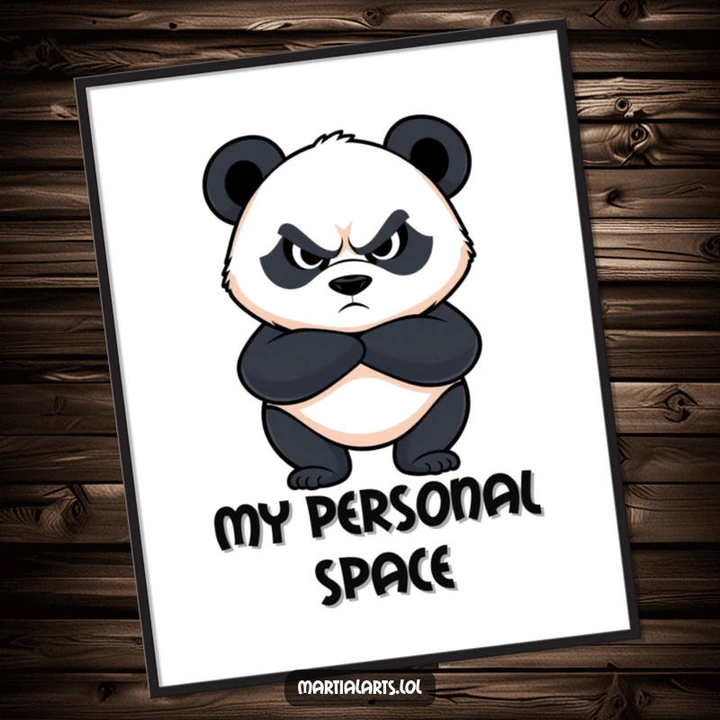 Funny panda digital art print of a determined panda with crossed arms and a fierce look, adding humorous protection to wall decor.