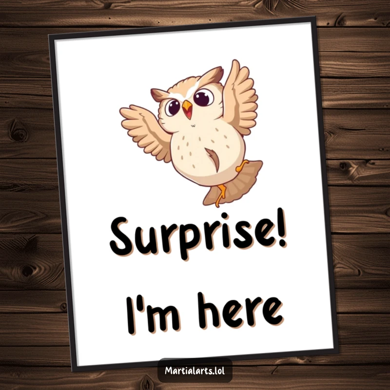 Funny digital art print of a startled owl tumbling from a leap, ideal for humorous wall decor.