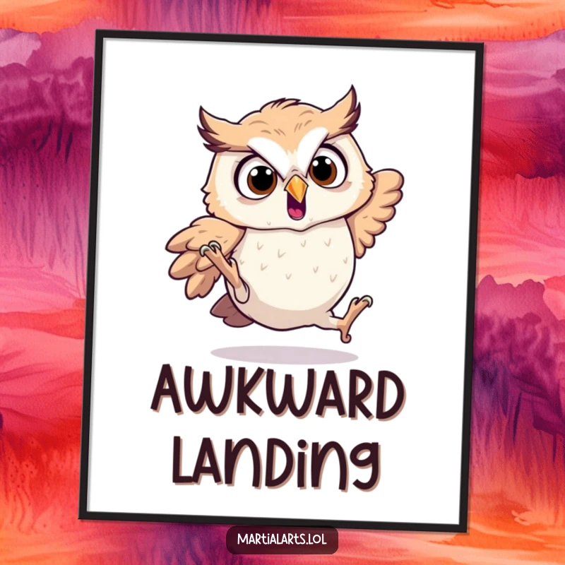Funny startled owl digital art print showing an owl comically tumbling from a pose.