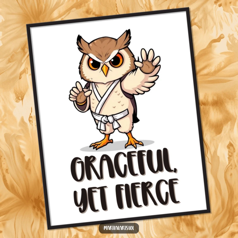 Funny owl karate digital art print of a proud bird in a graceful pose, ideal for inspiring wall decor.