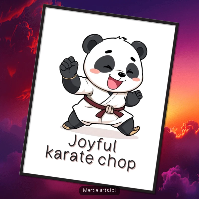 Funny Panda Digital Art Print of a happy panda performing an exaggerated karate chop, for instant humor.