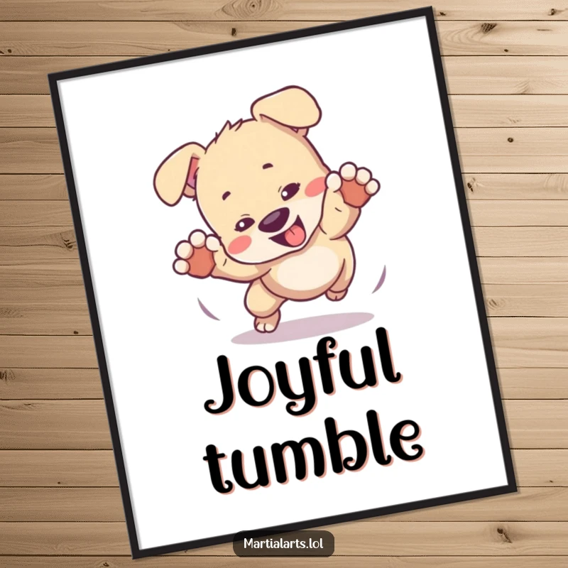 Funny digital art print of a playful puppy tumbling forward in a mock fight, full of energy and charm.