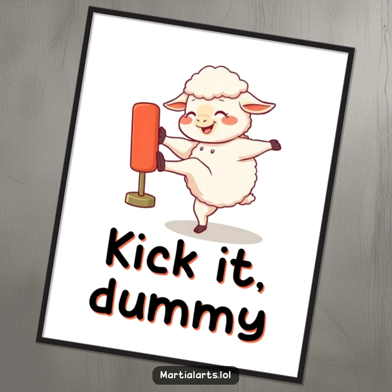 Funny digital art print of a jubilant sheep kicking a training dummy with intense focus and amusement.