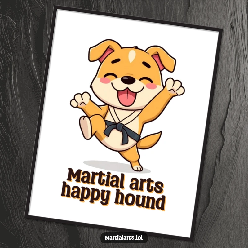 Funny Dog Digital Art Print of a happy dog enthusiastically kicking its legs in a karate stance, radiating playful humor.