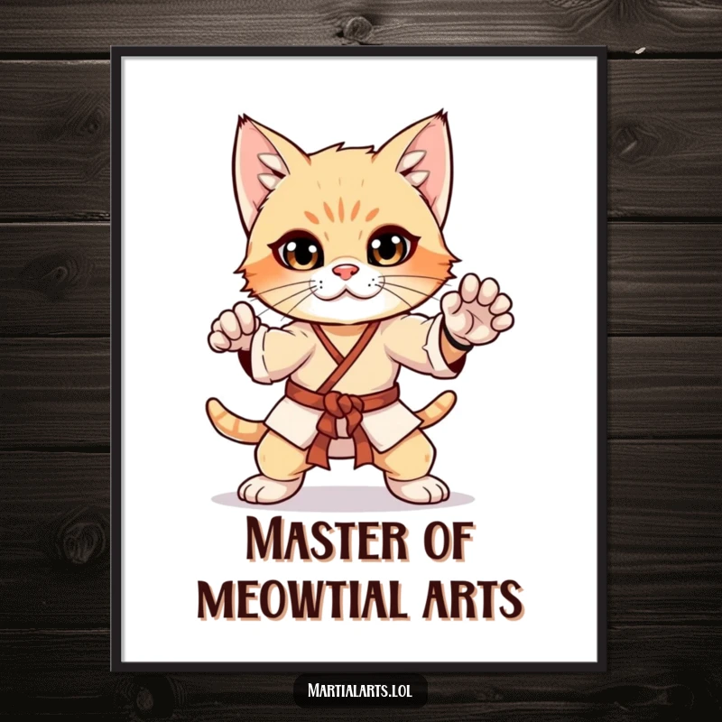Funny curious kitten in a martial arts pose on a digital art print, empowering wall art for a focused and fun space.