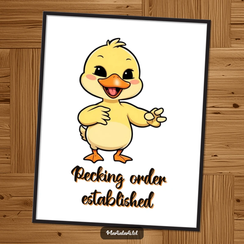 Funny duck with a giggle, mimicking a martial arts move with its beak, available as a digital art print.