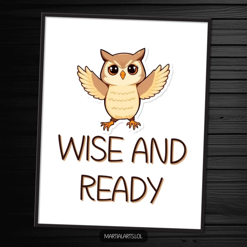 Funny Owl Digital Print: A playful owl balancing in a martial arts stance, offering instant humorous wisdom.