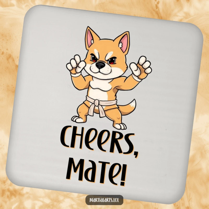 Funny Dog Coaster featuring a determined dog striking a proud, balanced martial arts stance, protecting surfaces with humor.