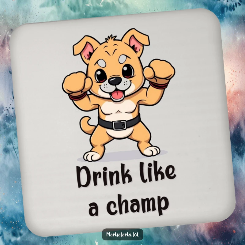 Funny dog coaster featuring a proud dog in a victorious boxing pose, adding a humorous touch to any surface.