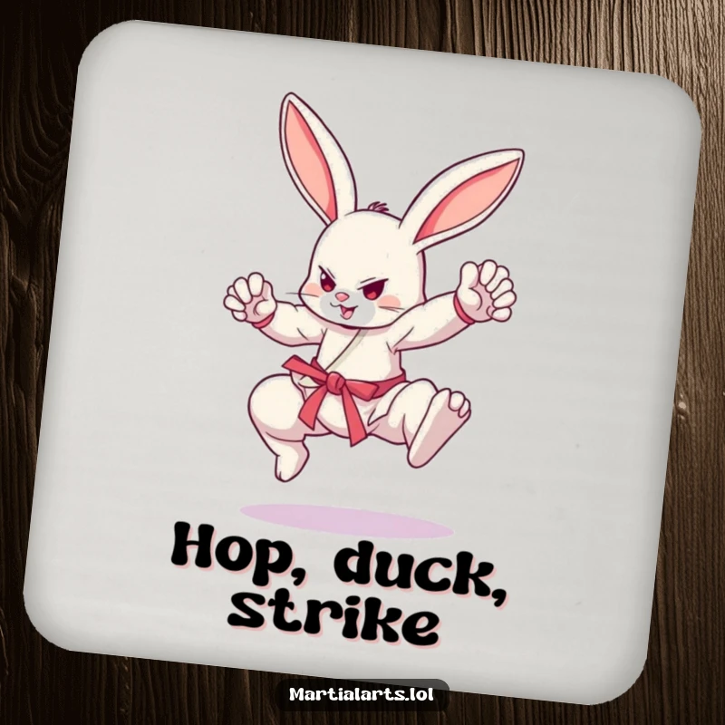 Funny bouncing bunny in martial arts stance, protecting table with coaster, funny gift for home.