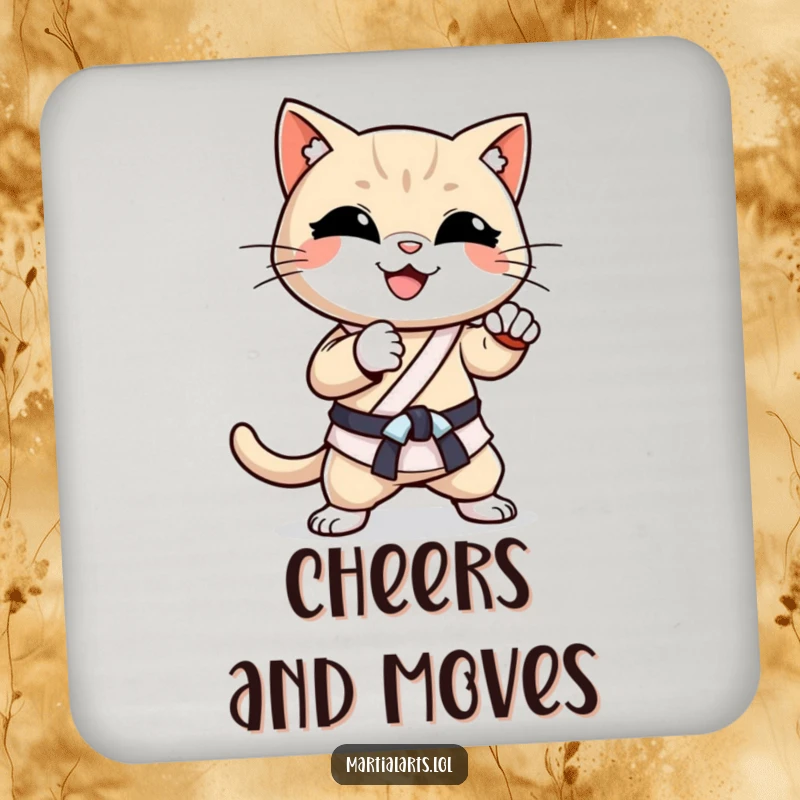 Funny Cat Karate Chop Coaster: A smiling cat performing a karate chop, protecting surfaces with a fun, martial arts theme.