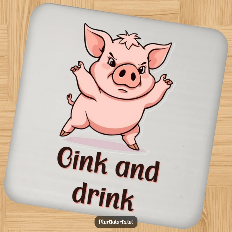 Funny determined pig in low stance, protecting table with coaster, funny gift for home.