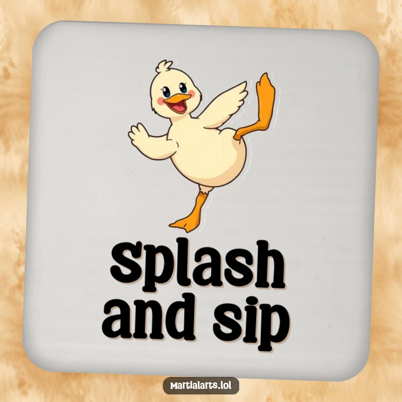 Funny Duck Coaster: A cheerful duck performing a dramatic flying kick, protecting surfaces with humor.