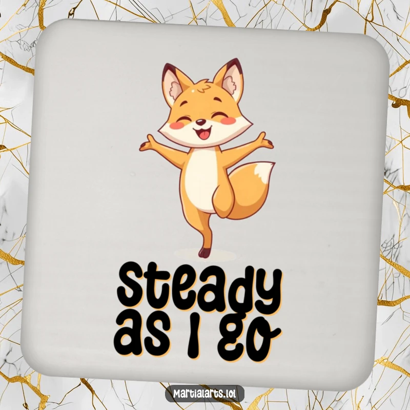 Funny fox coaster showing a smiling fox balancing on one leg, arms out, protecting surfaces with artistic humor.
