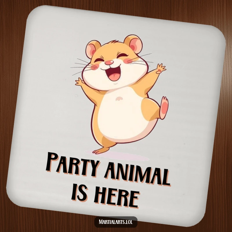 Funny Coaster: A giggling hamster performs a funny spinning side kick, adding a humorous touch to drink protection.