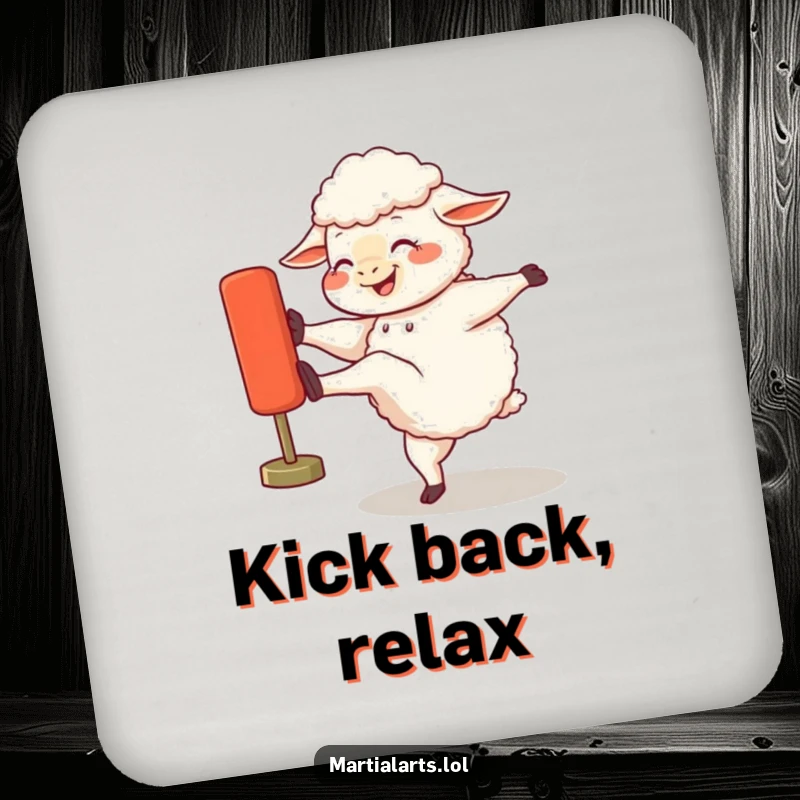 Funny drink coasters showcasing a giggling sheep's vigorous kick against a training dummy, adding a humorous touch to any table.